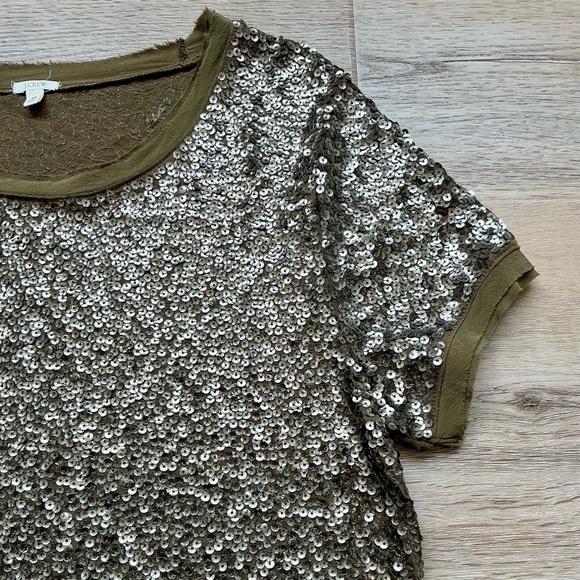 J. Crew EUC Olive Green Sequin Embellished Short Sleeve Top Shirt Blouse Size M - Picture 8 of 8
